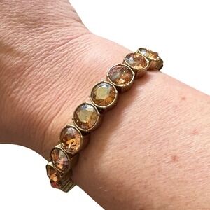 Stella & Dot Antiqued Gold Tone Champagne Crystal Stretch Bracelet Round Faceted